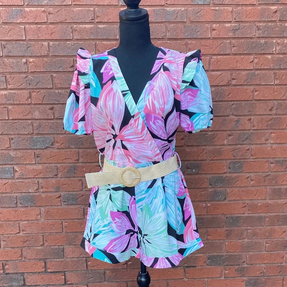 NWT Floral Wrap Romper in Pink, Aqua & Black L - Picture 1 of 14